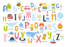 Cute English Alphabet For Kids With Naive Doodle Pictures. Abc Learning Cartoon Poster For Children.