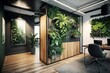Office interior design with wall plants, wood, industrial. Generative AI