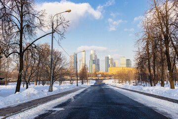 Sticker - view of skyscrapers of Moscow city district from park on Poklonnaya Gora on sunny winter day