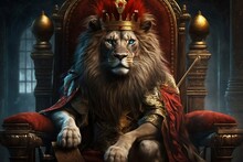 Royal Lion King In Sitting On A Red Throne. Generative AI