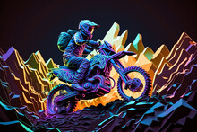 Motorcyclist, Motocross Bike In Jump. Polygon Style, Geometric Style, Cartoon Style, Neon Style. Print For Cases. Generative AI