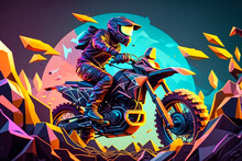 Motorcyclist, Motocross Bike In Jump. Polygon Style, Geometric Style, Cartoon Style, Neon Style. Print For Cases. Generative AI