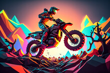 Motorcyclist, Motocross Bike In Jump. Polygon Style, Geometric Style, Cartoon Style, Neon Style. Print For Cases. Generative AI