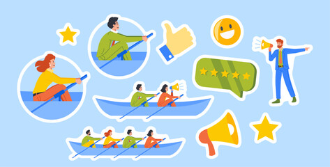 Wall Mural - Set of Stickers Teamwork, Unity, Collaboration Of People In Boat Rowing to a Goal. Business Characters Working Together