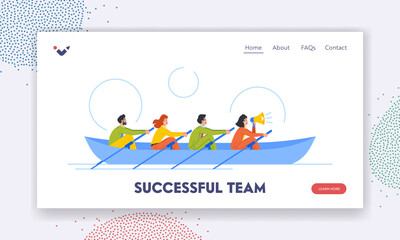 Wall Mural - Successful Team Landing Page Template. People Rowing Together in Boat. Concept of Growth, Renewal And Development