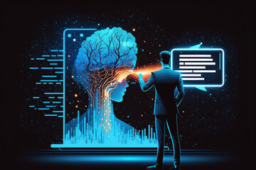 Poster - digital screen with the Data Science, Businessman, and Artificial Intelligence AI, Digital Technology concept. Businessman working digital tablet computer and big data,  Generative AI	