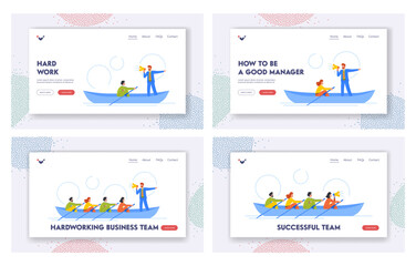 Wall Mural - Business Team Hard Work Landing Page Template Set. Teamwork, Unity, Collaboration Of Characters Working Together