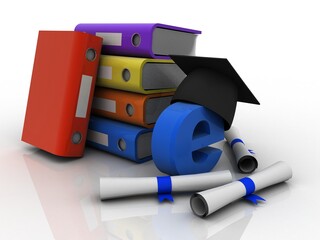 3d illustration education concept concept .e mail sign with graduate cap near office file