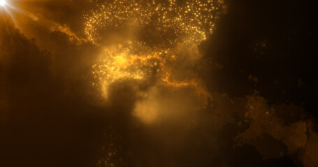 Wall Mural - Abstract background of orange yellow fiery flying energy particles of energy magic waves with glow effect and bokeh blur