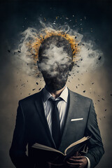 Wall Mural - Shiny head & suit: example of surreal humor to illustrate the rhythm of the working world. Stress and fatigue of the businessman are visible on this smoked portrait. Generative AI