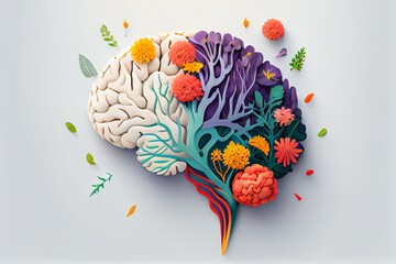 Human Brain With Flowers, Self Care And Mental Health Concept, Positive Thinking, Creative Mind. Generative AI