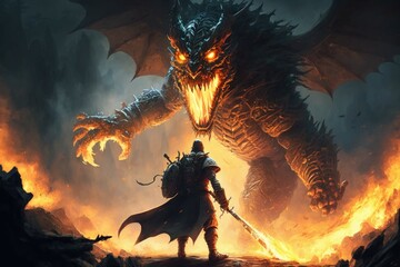 Wall Mural - The epic scene of the battle of a knight with a dragon. Fairy tale atmosphere. AI generated