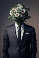 Wall Mural - Humorous portrait of a man in a suit, tie and flowers in place of his head. A surreal image that expresses the business world with a touch of love. Generative AI