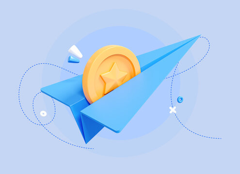 3D Paper Airplane with gold Coin. Money transfer. Online payment and transaction. Financial business concept. Send cyber coin. Cartoon creative design icon isolated on blue background. 3D Rendering