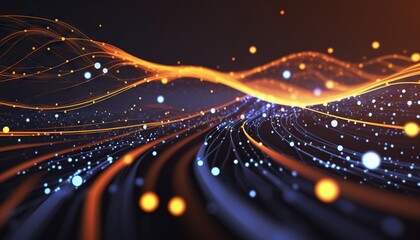 Data background of wires and glowing particles. Based on Generative AI
