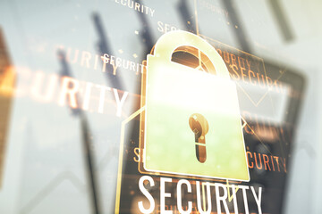 Poster - Double exposure of virtual creative lock hologram with chip on blurry calculator background. Information security concept