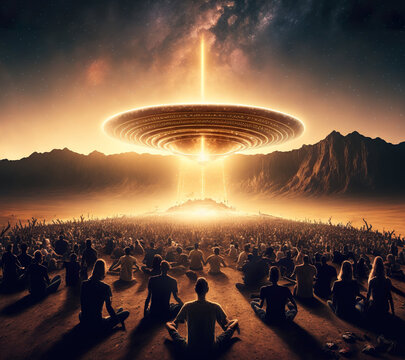 menschen beten ein ufo an. sie sitzen im schneidersitz vor einem runden raumschiff und hoffen auf de