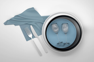 Kitchen food composition with plates, fork, knife, towel and two wine glasses on white background. 3d render.