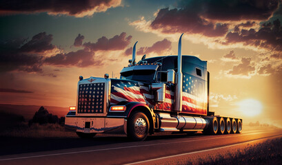 American freight cargo truck painted in patriotic USA flag colors driving on highway interstate road at sunset. Generative ai illustration.