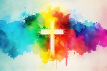 Illustration Abstract Watercolor Paper Background With Rainbow Colors And Cross. Generative AI