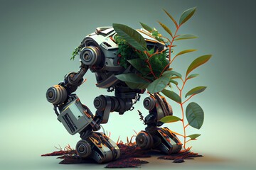Wall Mural - Nature And Technology Concept, Robot And Plants. Generative AI