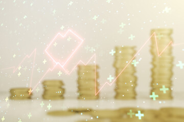 Poster - Abstract virtual heart rate sketch on growing coins stacks background, Medicine and healthcare concept. Multiexposure
