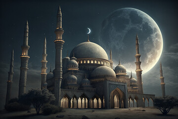 Wall Mural - Muslim faith mosque with minarets with half moon at night. Religious islamic culture place of worship. Ai generated