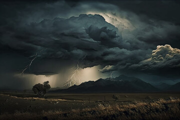 Stormy weather with dark scary clouds. Dramatic nature preparing for storm and thunderstorm. Ai generated