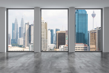 Downtown Kuala Lumpur City Skyline Buildings from High Rise Window. Beautiful Expensive Real Estate overlooking. Empty room Interior Skyscrapers View Malaysia. Day time. 3d rendering.