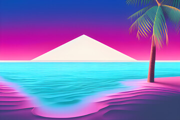 Wall Mural - Tropical gradient background with palm tree, retro vibe. Generative AI