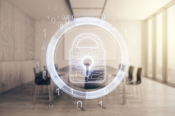 Poster - Virtual creative lock symbol and microcircuit illustration on a modern conference room background. Protection and firewall concept. Multiexposure