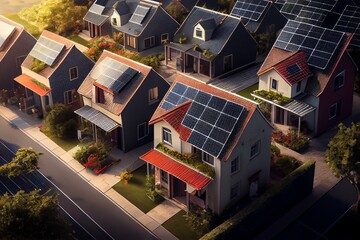 Wall Mural - Elevated View Of Residential Houses With Photovoltaic Solar Panels. Alternative And Renewable Energy Concept. Generative AI