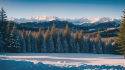  winter, snow-capped mountains and forest
