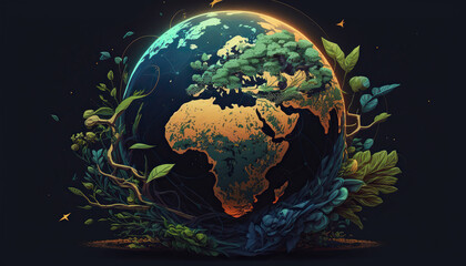 Wall Mural - Lonely earth planet isolated on black background with flowers around vector style or icon.