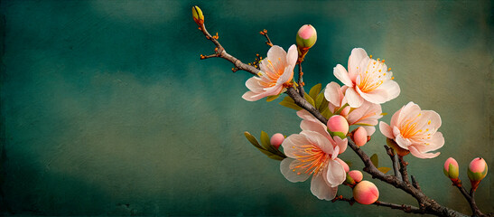 Wall Mural - Closeup of spring pastel blooming flower in orchard. Macro cherry blossom tree branch.