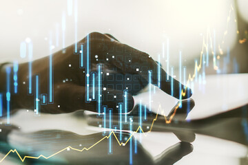 Poster - Multi exposure of abstract creative financial graph with finger presses on a digital tablet on background, forex and investment concept