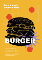 Wall Mural - Burger. Price tag or poster design. Set of vector illustrations. Typography. Engraving style. Labels, cover, t-shirt print, painting.