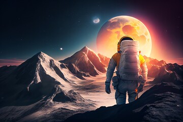 Wall Mural - Astronaut Exploring Moon With Mountains And Sun, Created Using Technology. Generative AI