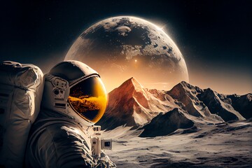Wall Mural - Astronaut Exploring Moon With Mountains And Sun, Created Using Technology. Generative AI