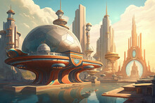 Futuristic Cityscape With Hovercrafts And Reflections