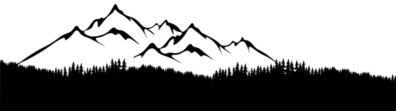 Fototapete - Black silhouette of mountains forest woods, landscape panorama illustration icon vector for logo, isolated on white background