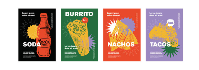 mexican burrito, soda, nachos, tacos. price tag or poster design. set of vector illustrations. typog