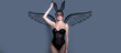 Valentines day banner of sexy woman angel with wings. Sexy woman with bunny ears. Sensual lady posing in nice dress and black bunny mask.