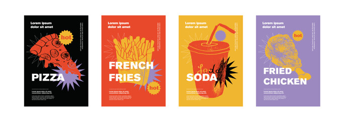 Pizza, french fries, soda, fried chicken. Price tag or poster design. Set of vector illustrations. Typography. Engraving style. Labels, cover, t-shirt print, painting.