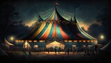 Fototapeta Sport - Huge colorful circus tent at night with a crowd. Generative AI