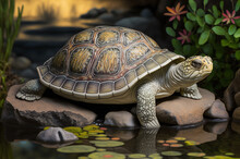Turtle On A Rock In Pond