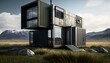 Luxury container house on a grassy field in the daylight. Generative AI