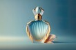 Elegant perfume bottle on a blue backdrop, marketed at ladies. Generative AI