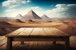 Empty wooden table with landscape of the pyramids of Cheops background. Generative AI
