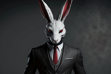 Wall Mural - anthro white rabbit red eyes evil face black business Generative AI